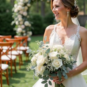 Crisp white flowers paired with eucalyptus greenery